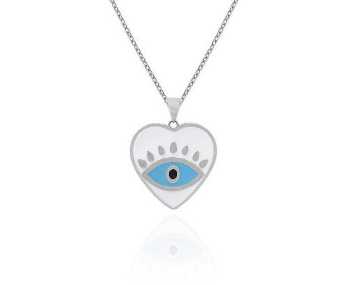 White Gold Enamel heart Evil Eye Necklace