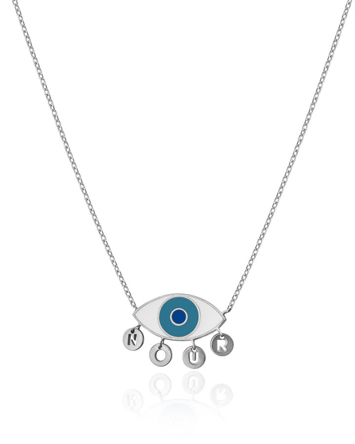 white gold evil eye necklace with initials 